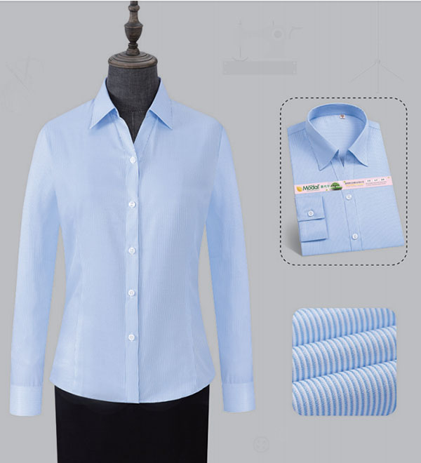 藍色條紋女士V領襯衫制作款式圖